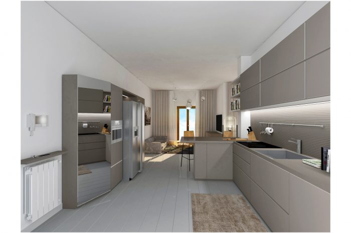 render cucina vista ingresso via gilera arcore